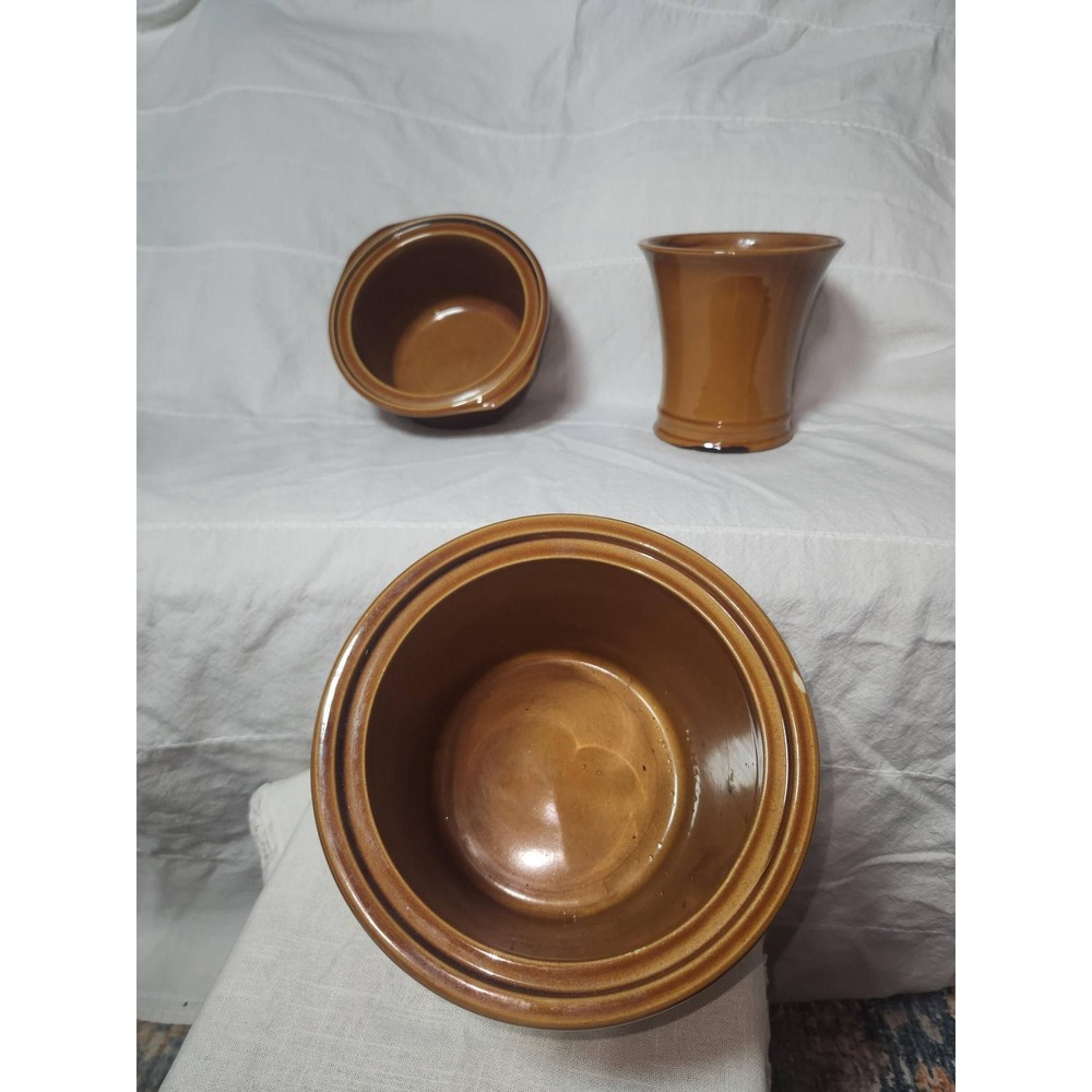Vintage Brown Glazed Stoneware Pottery Set Crock Vase Handled Dish 1106 120610